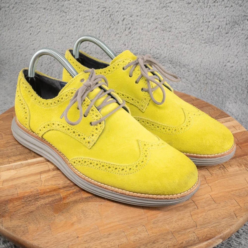 Cole Haan Shoes Men's Lunargrand Volt Yellow Gray Suede Wingtip Oxfords 7.5‎ M